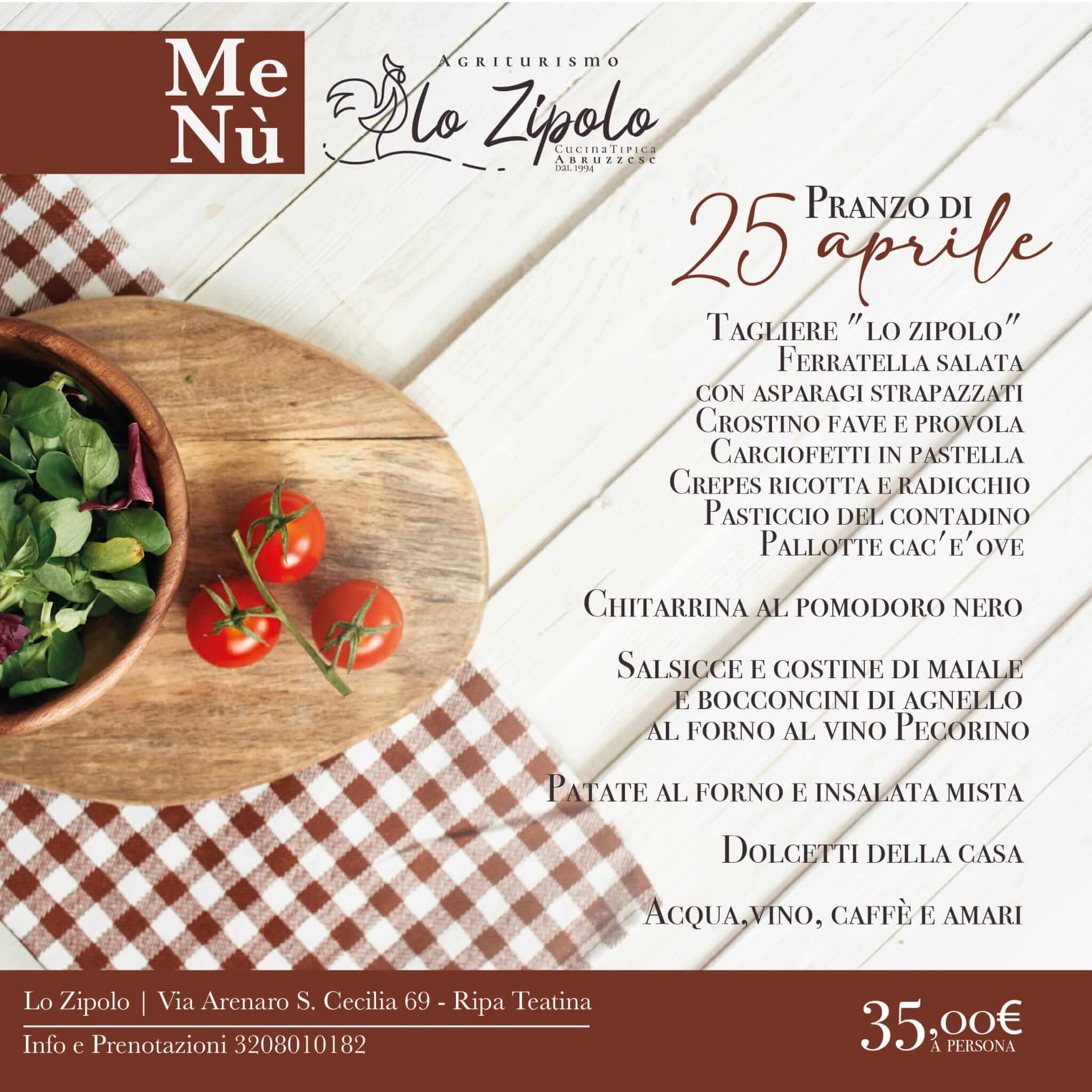 Menu Pranzo 25 Aprile - Agriturismo Lo Zipolo